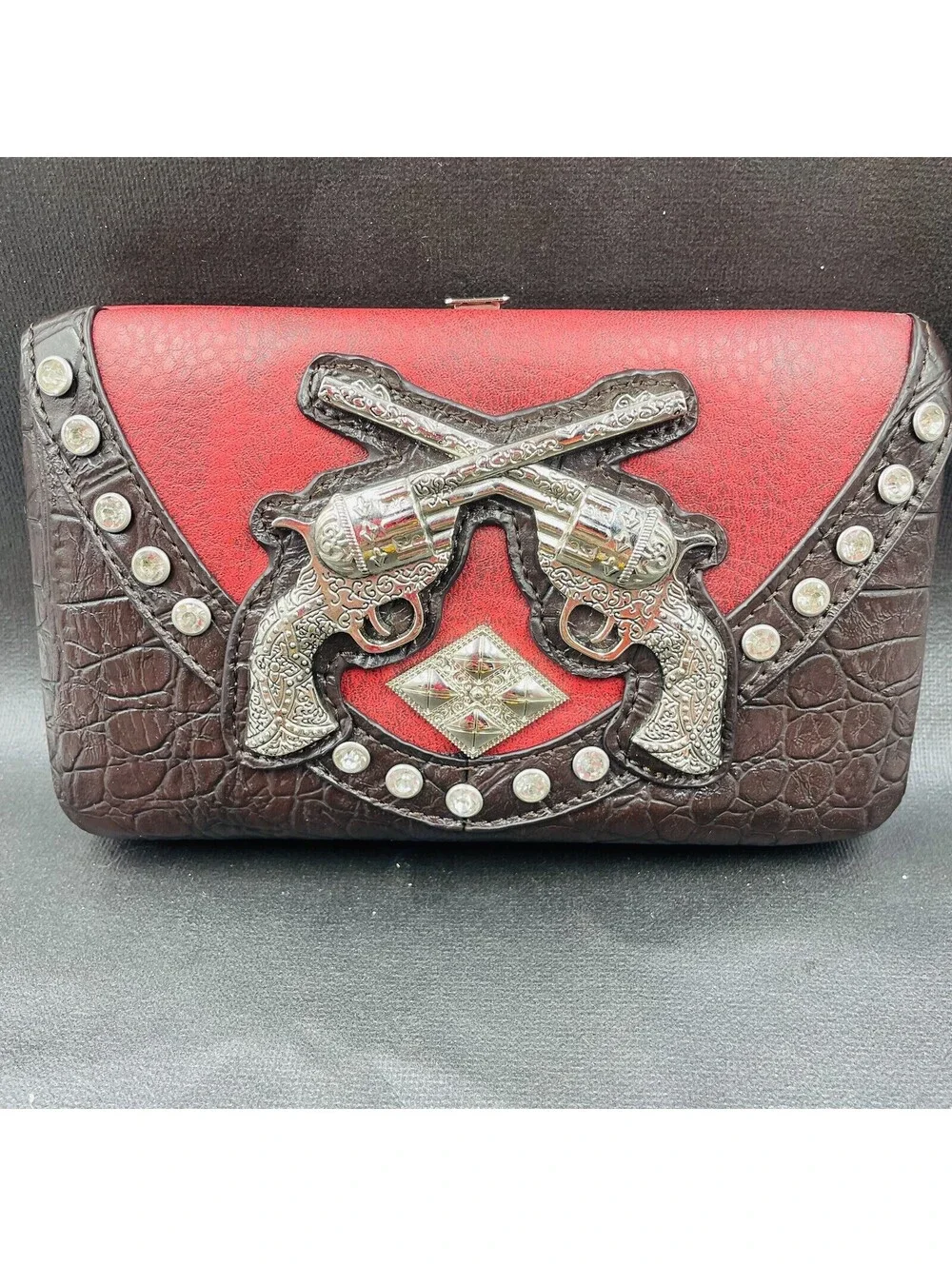 Texas Western Style Wallet Double Guns Red Burgundy & Black Silver Pistol Design